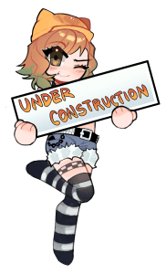 A Chibi Image of nami in a construction hat that has little cat ears. She is holding a sign that says "Under Construction". She is in her usual striped socks and short denim shorts.